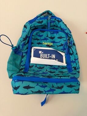 bentgo Shark Print Kids Backpack in Teal and Blue with Built in Lunch Bag